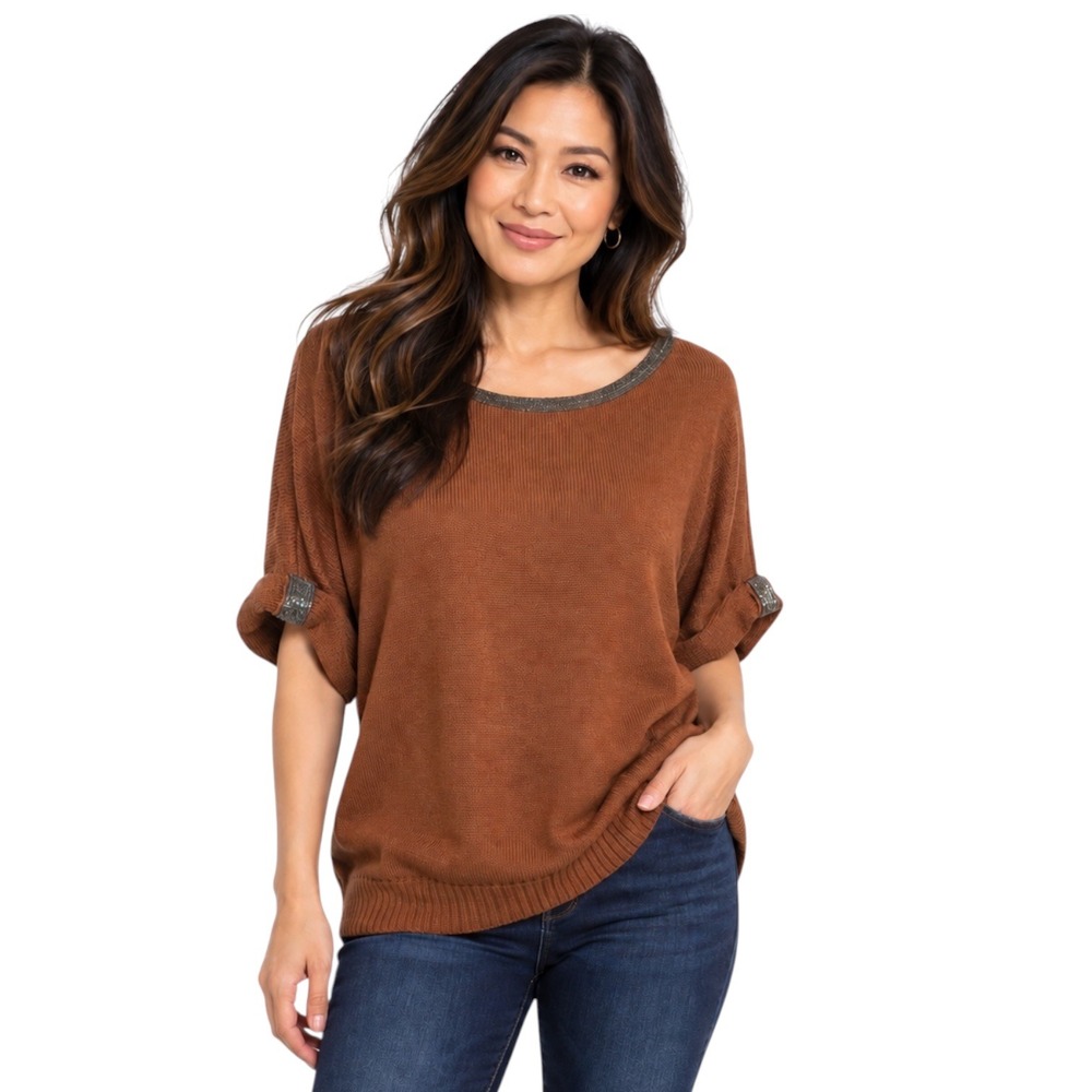 Chico's Small Brown Linen Cotton Knit Dolman Sleeve Embellished Sweater Top